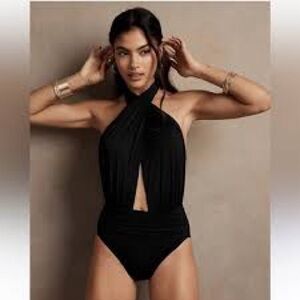 Banana Republic Factory Twisted Knot halter one piece Swimsuit NWT XL black